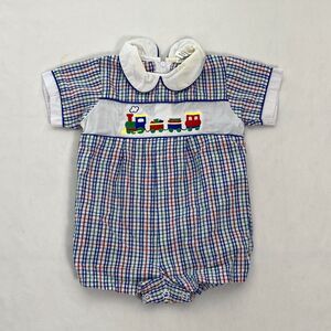 Vintage Baby Togs Romper Train Seersucker 1 Pc Boy Baby 3-6 Month Cotton Blend